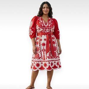 Farm Rio Tropical Cutwork Red Embroidered Midi Dress - Size XL